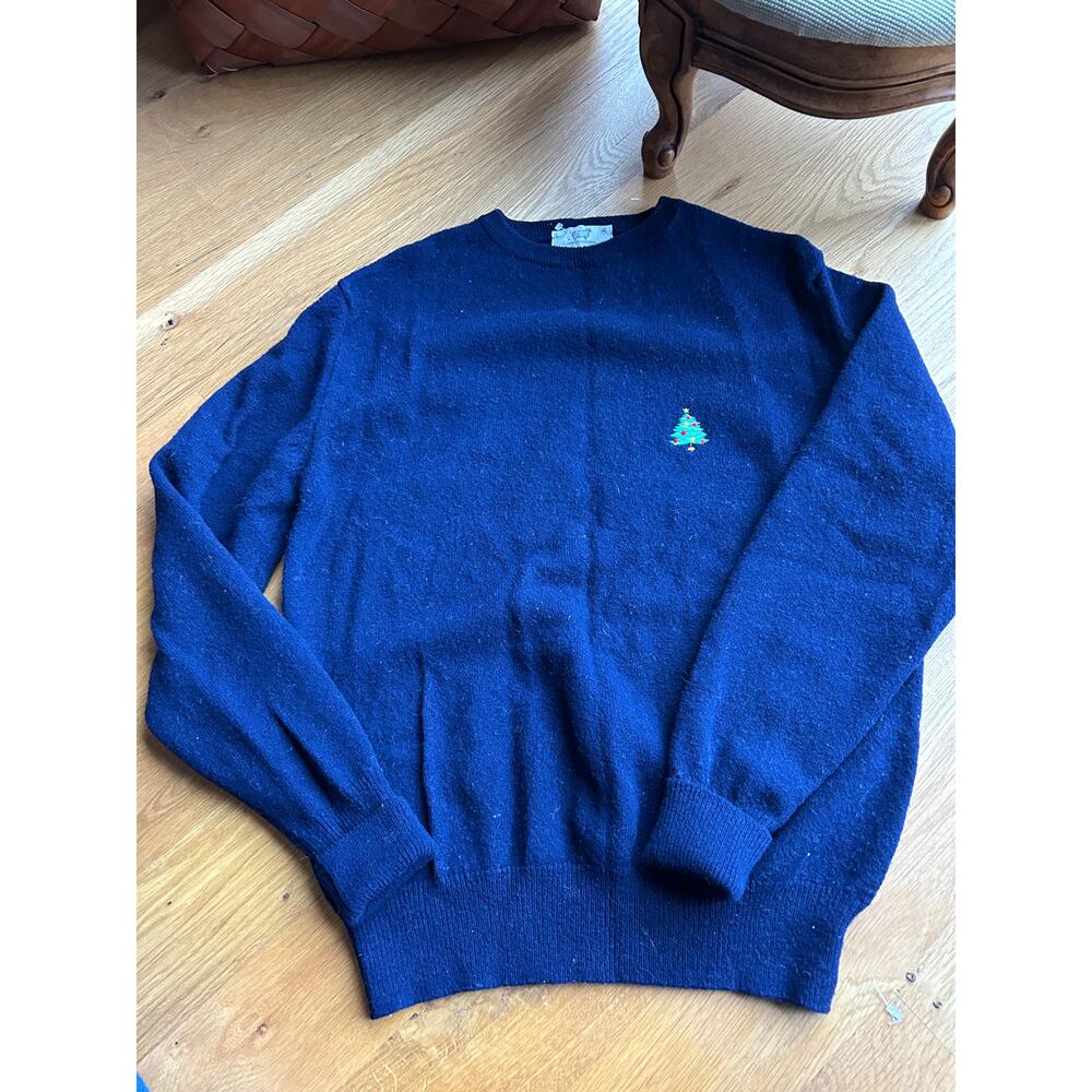 Vintage Lord Jeff Lambswool Sweater M – Made in USA, Navy, Christmas Tree